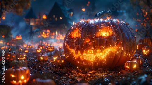 A Magical Halloween Pumpkin Patch Glowing with Ethereal Jackolanterns