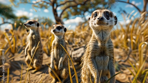 A family of meerkats stand in a field of tall yellow grass