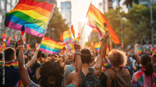 A vibrant parade with participants waving rainbow flags and wearing colorful outfits, celebrating LGBTQ Pride Month on a sunny city street