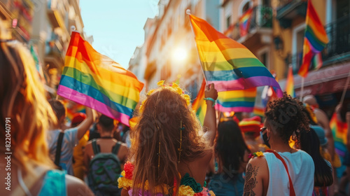 A vibrant parade with participants waving rainbow flags and wearing colorful outfits, celebrating LGBTQ Pride Month on a sunny city street