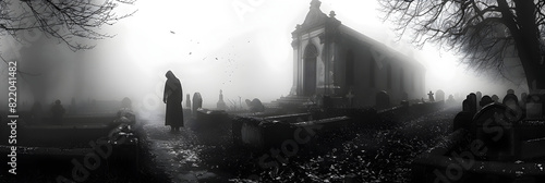 Eerie Fog Creeping Through a Graveyard on All Hallows Eve A Halloween of the Supernatural