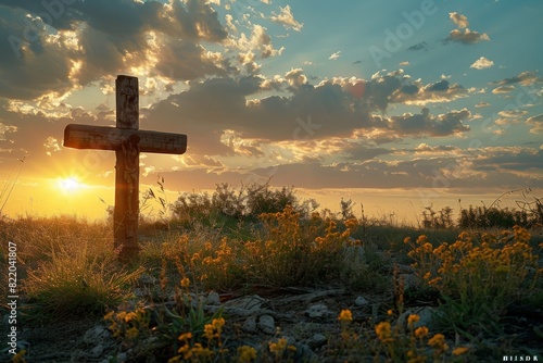 A wooden cross is standing in a field of yellow flowers