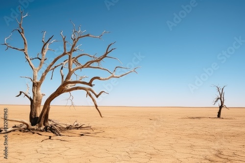 Stark image of desolate terrain with dead trees and fractured ground, highlighting severe drought conditions. Barren Landscape with Cracked Earth and Dead Trees