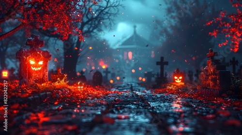 Ghosts and Goblins Lurking in the Eerily Decorated Graveyard on Halloween Night