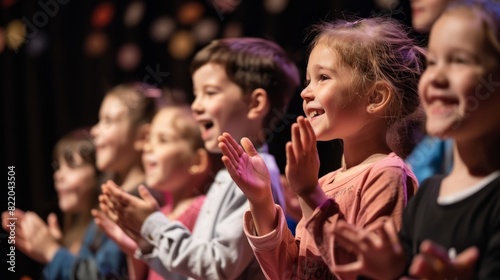 Young children on stage, clapping happily after a successful theater performance