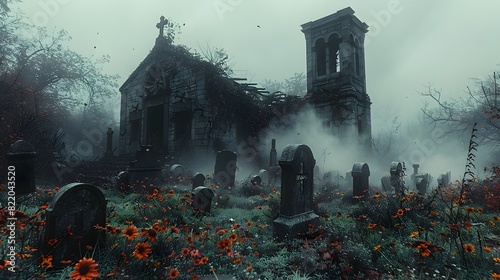 Halloween Fog Engulfs Graveyard at Night Symbolizing the Eternal Rest of the Departed