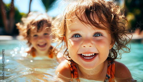 Retrato de preciosa niña dentro del agua en la piscina. Disfrutando del verano