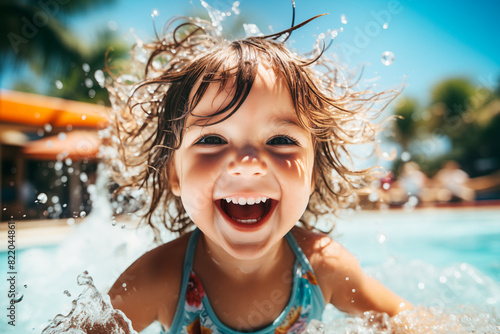 Retrato de preciosa niña dentro del agua en la piscina. Disfrutando del verano diversión bajo el sol.