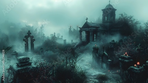 Halloween Night Haunted Graveyard Filled with Restless Spirits and Ominous Fog