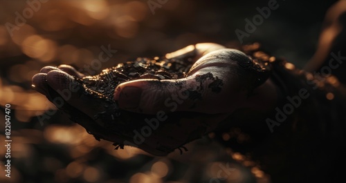 Close-up shot, photo of a hand holding a mysterious object, dimly lit, rich textures, shadows creating depth, photorealistic, ancient artifact or futuristic gadget, suspenseful atmosphere