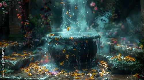 Halloween Night Witches Brewing Mystical Potion in a Cauldron