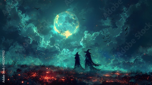 Halloween Night Witches Brewing Potions Under a Crescent Moon