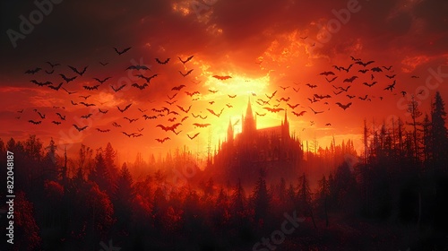 Halloween Nightfall Bats Take Flight Silhouetted Against a Medieval Castle