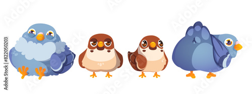 Cute pigeon and sparrow cartoon character. Vector illustration set of comic bird in different poses and with face emotions. Urban dove and robin mascot with beak and wings standing and sitting.