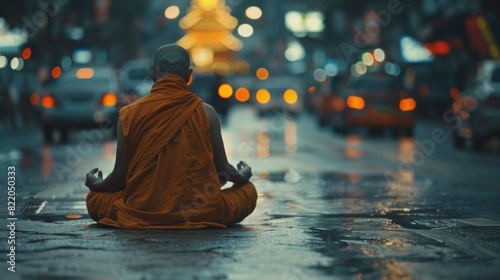 A monk sitting in the middle of the street. Suitable for religious themes