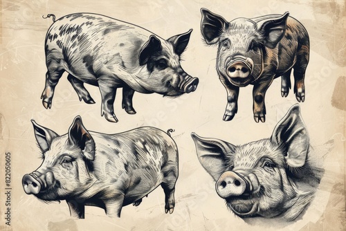 A group of pigs standing next to each other. Suitable for farm animal concepts