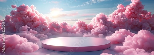 Background podium pink 3d product sky platform display cloud pastel scene render stand. Pink podium stage minimal abstract background