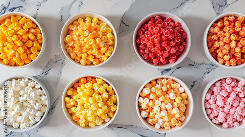 Collage of bowls with colorful corn puffs on white mar