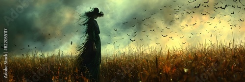 Vigilant Sentinel of Halloween A Scarecrow Standing Guard in a Cornfield as Bats Take Flight Overhead