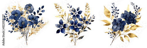 Flower watercolor indigo gold glitter png on transparent background