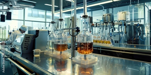 A man working in a lab surrounded by bottles. Suitable for educational or scientific content