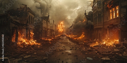 A city street filled with fire and debris, suitable for disaster or urban decay concepts