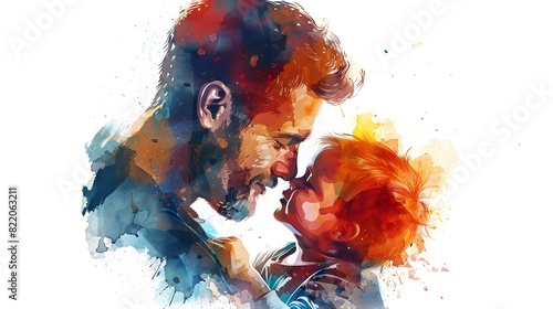 Watercolor paint splash painting of father holds his son on white background, love care support father day and parenthood concept
