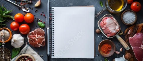 Top view of blank recipe book with ingredients.
