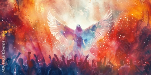 A painting of an angel flying over a crowd. Suitable for religious or inspirational themes