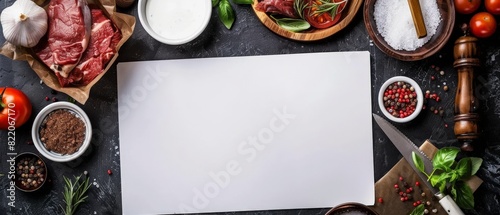 Top view of a variety of raw meats, vegetables, spices, and herbs on a dark stone table. In the center is a blank white cutting board.
