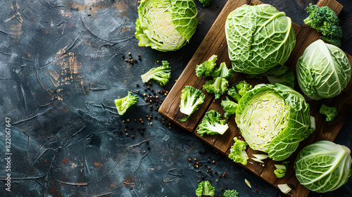 Cutting board with chopped savoy cabbage on table