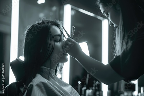 Professional hairstyling in a modern salon, ideal for beauty and fashion industry promotions