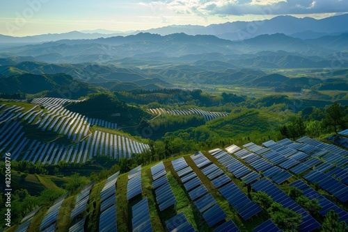 Aerial view of solar panels on a vast landscape, highlighting renewable energy production and sustainable technology in a rural setting.