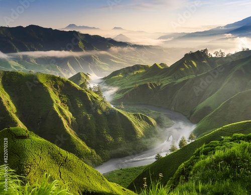 the beautiful Indonesian archipelago in Asia showing mountains and waterfalls. generative ai