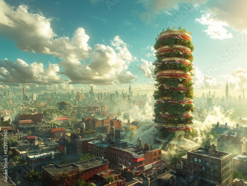 A colossal, towering burger dominates an urban skyline, blending surrealism with a humorous yet thought provoking commentary on consumerism and food culture