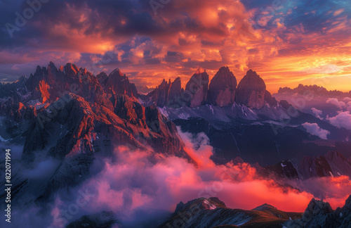 Dolomites mountain range in Italy at sunrise, with clouds and colorful sky, picturesque landscape of the Dolomites