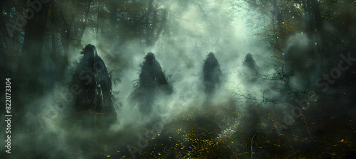 A spooky Halloween forest with witches and goblins lurking in the shadows