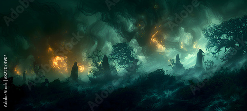 A spooky Halloween forest with witches and goblins lurking in the shadows
