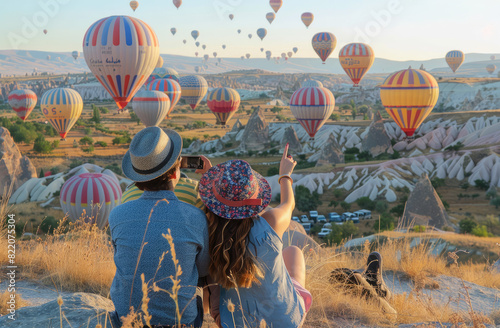 A couple sitting at the top of Cappadocia, watching hot air balloons floating in the sky.