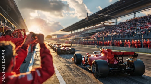 Race day, with crowd eagerly awaiting action. Race cars prepares to race while pit crew and audience look on.