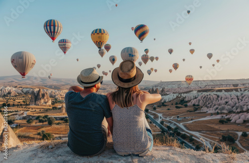 A couple sitting at the top of Cappadocia, watching hot air balloons floating in the sky.