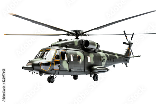 Majestic Military Helicopter Slicing Through the Skies on a Clear PNG or White Background.