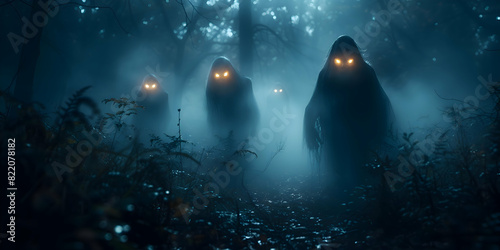 A spooky Halloween night with frightening faces appearing in the shadows, illuminated by moonlight and fog.
