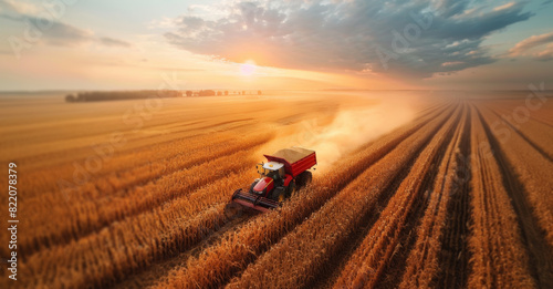 A red combine harvests a vast golden wheat field at sunset, creating dust trails under a cloudy sky in a rural farmland setting.