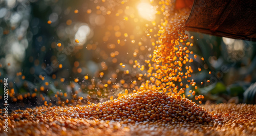 Corn is being poured from a container onto a growing pile, illuminated by the warm, golden glow of sunset in a rural field.