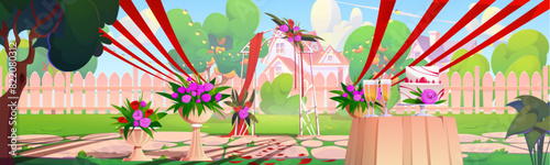 Wedding backyard with fence cartoon landscape. Grass yard scene with ceremony arch. Summer village park with reception area and rose flower for marriage event. Open air party rural design illustration