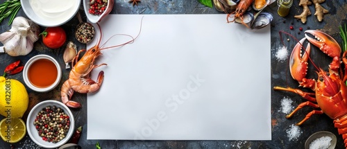 An overhead view of various seafood ingredients arranged on a dark surface.