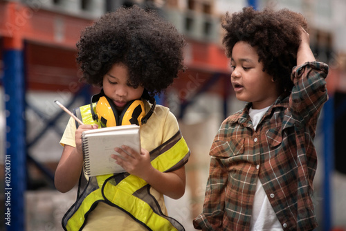 African child girl wearing reflective safety vest and hearing protection muffs on her neck are discussing with African boy about warehouse management, girl holding and writing with a pencil