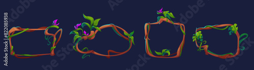 Jungle liana creeping branch frames. Cartoon vector illustration set of borders from climbing tropical tree with green leaves and flowers. Boundary box made of twisted plant stem, greenery and blossom