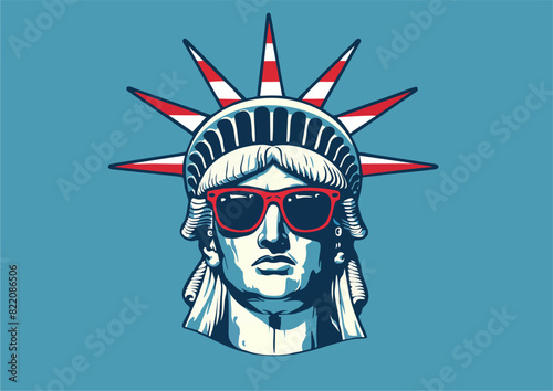 Statue of Liberty wearing sunglasses symbolizing American flag colors pattern. 4th of July, independence day background. 